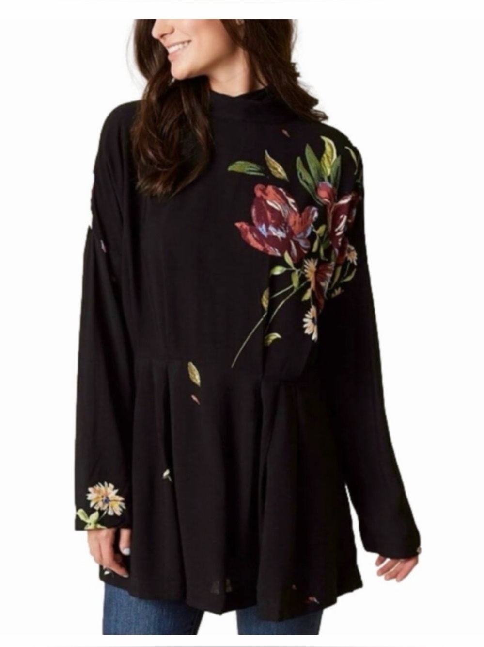 Free People Floral Mock Neck Open Back Tie Tunic Sz S